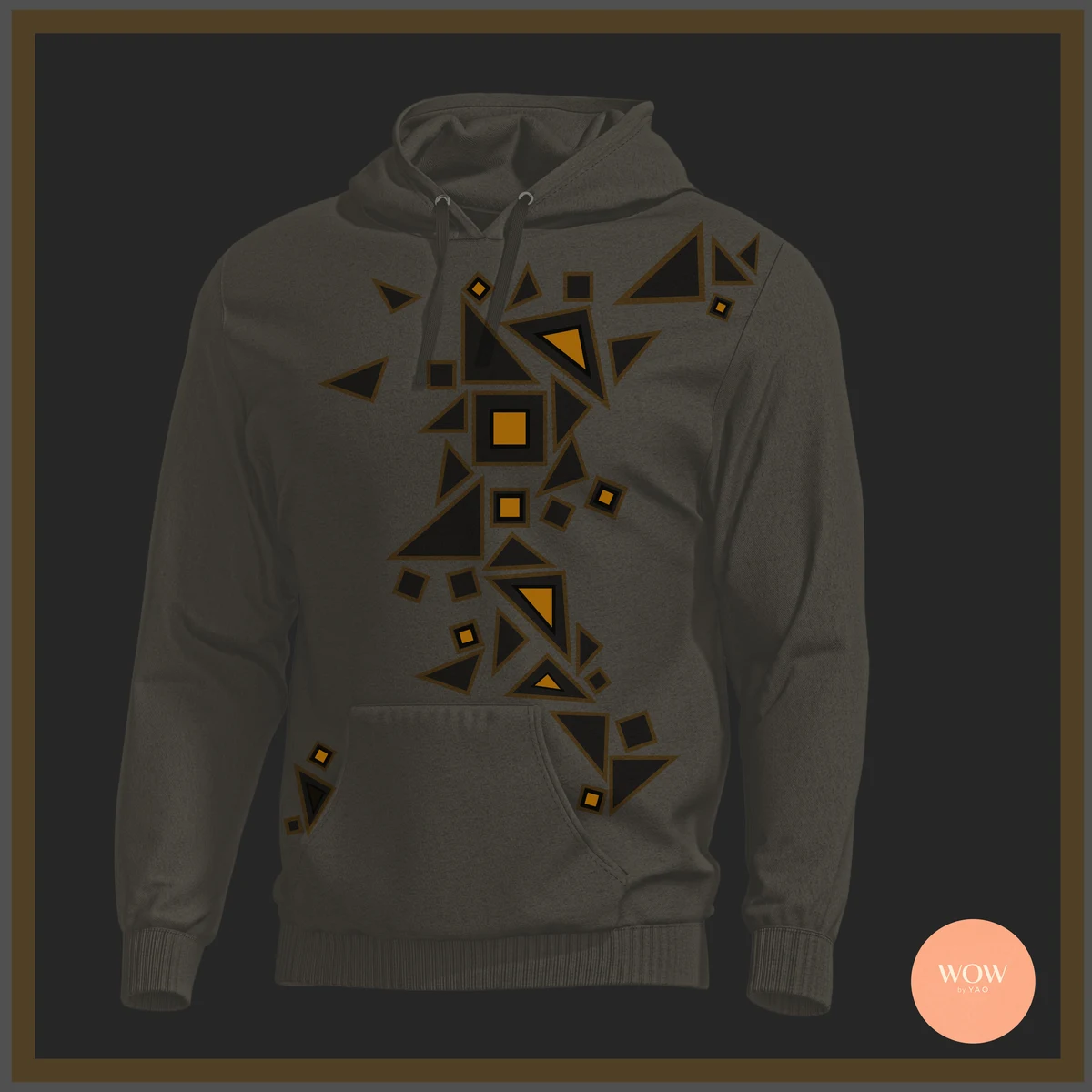 MATTE hoodie, the Olive queen colorway, amber and black geometric print